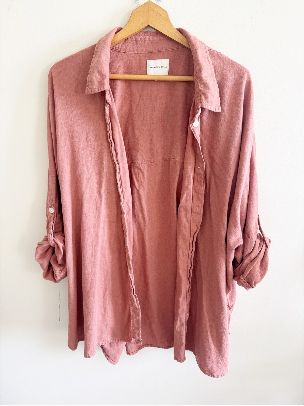 American eagle light red oversized tunic button down linen shirt top size XL